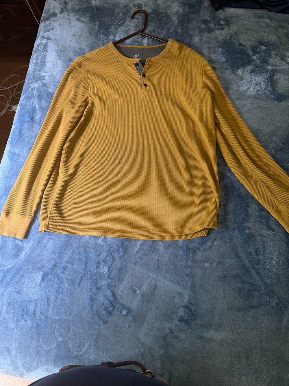 George Men’s Thermal Henley Shirt L 42-44 Mustard Gold Waffle Knit Long Sleeve